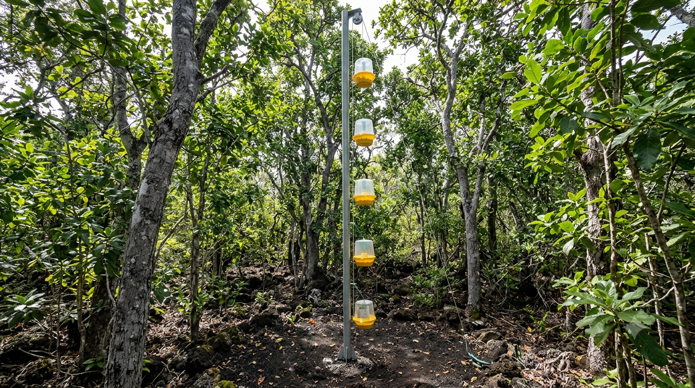 Systematic wasp monitoring station with stacked attractant traps in a Galápagos forest