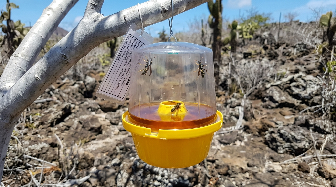 Live Polistes versicolor wasps entering an attractant trap, Galápagos dry zone with lava rock and Opuntia cactus
