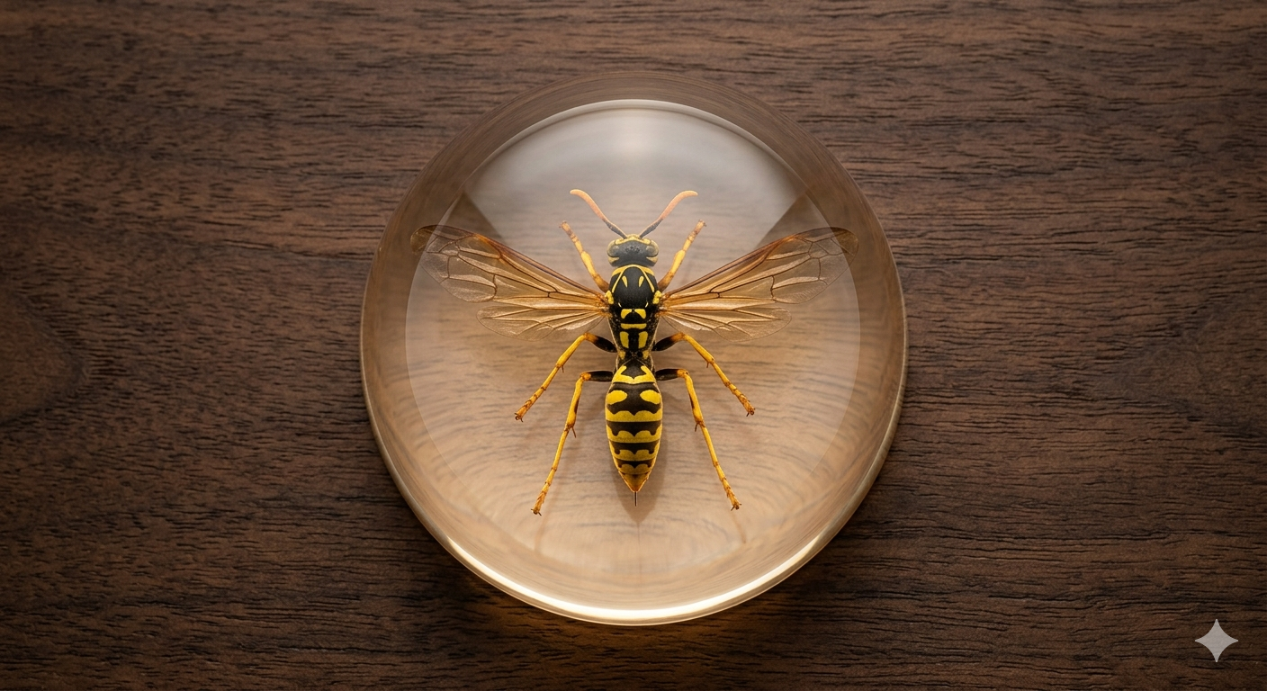Polistes versicolor yellow paper wasp preserved in UV-cured resin dome, artisan-made on Santa Cruz Island, Galápagos