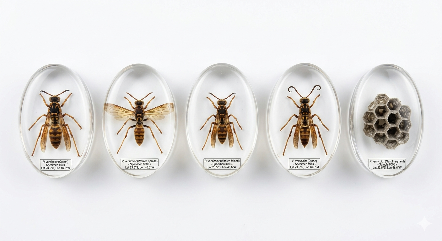 Five oval resin specimens: Queen, Worker spread, Worker folded, Drone, Nest Fragment — each labeled with specimen number and collection coordinates